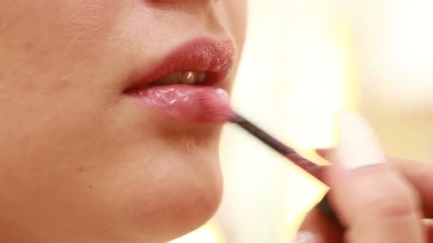 Make-up-Artist arbeitet an einem jungen Mädchen Schönheit. Lippenstift — Stockvideo