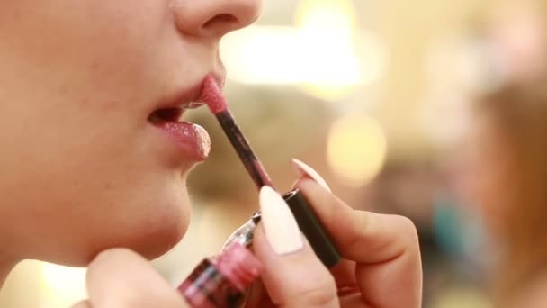 Visagist bezig met de schoonheid van een jong meisje. lip kleur lippenstift — Stockvideo