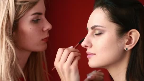 Backstage scen: Professionell make-up artist gör glamour modell makeup på jobbet — Stockvideo