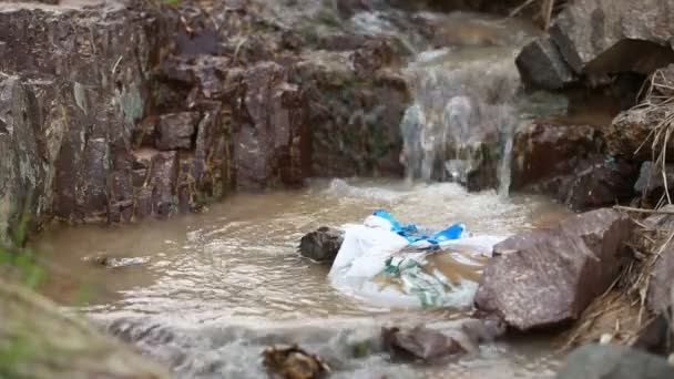 Wyrzucane butelki płynie w rzece — Wideo stockowe
