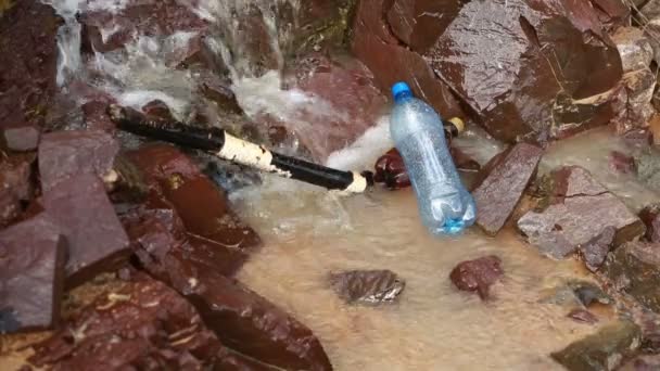 Botol yang dilempar mengapung di sungai — Stok Video