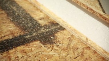 Bir marangoz bir inşaat alanında kontrplak bir parça kesmek için bir elektrik güç daire testere kullandığından talaş dolduruyor. Elektrikli testere