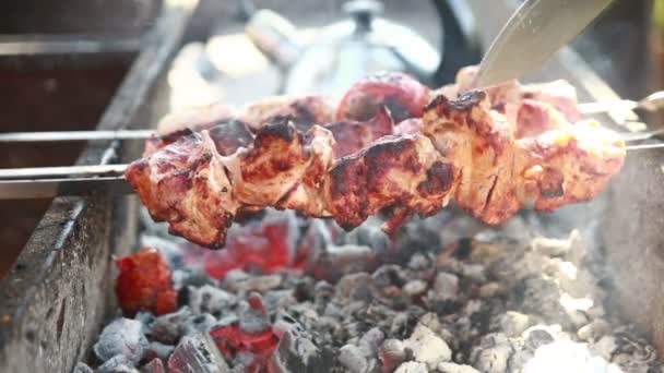 Lédús szelet hús mártással készítsük el a tüzet. kebab. — Stock videók