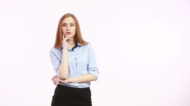 Finger to his cheek. decision and skepticism. girl in blous.  Isolated on white background. body language. women gestures. nonverbal cues — Stock Video
