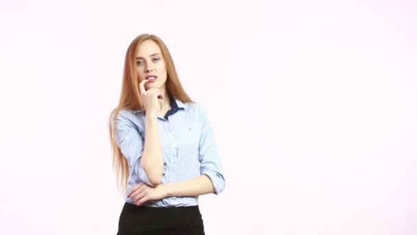 Women gesture of seduction, preening. girl in blous.  Isolated on white background. body language. women gestures. nonverbal cues. finger in the mouth.. It shows itself — Stock Video