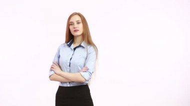 yanağını parmak. karar ve şüphecilik. blous kız. Beyaz arka plan üzerinde izole. beden dili. kadın hareketleri. sözsüz ipuçları
