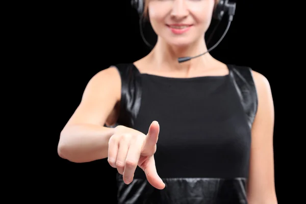 Businesswoman pressing high tech type of modern buttons on a virtual keyboard — Stock Photo, Image