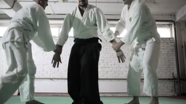 Αθλητές με κιμονό που αποδεικνύουν τεχνικές πολεμικών τεχνών. πολεμικές τέχνες — Αρχείο Βίντεο