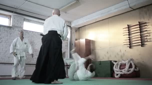 Спортсмены в кимоно демонстрируют технику боевых искусств. Боевые искусства — стоковое видео
