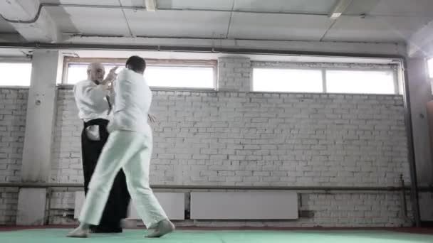 Atletas em um quimono demonstrando técnicas de artes marciais. Artes marciais — Vídeo de Stock