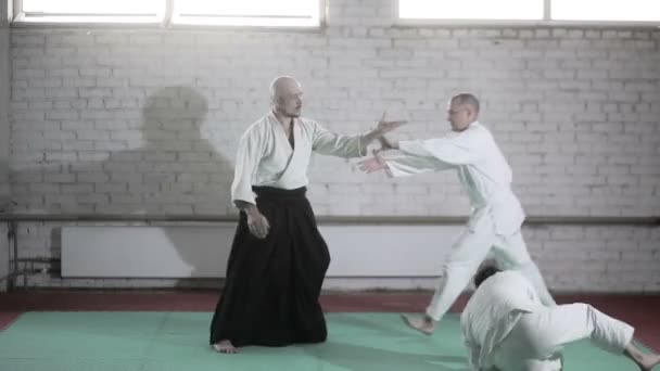 Sportolók bizonyító harcművészeti technikák kimonó. martial arts — Stock videók