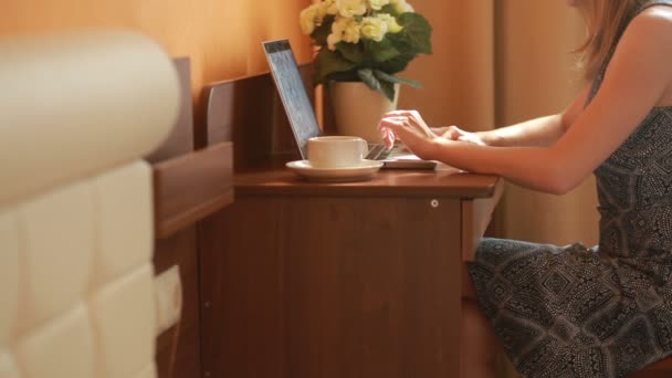 Schöne Frau arbeitet an einem Laptop, der auf dem Tisch im Haus sitzt. — Stockvideo