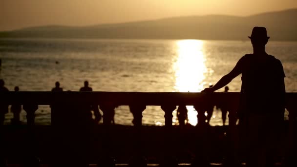 Χαρούμενος νεαρός χρησιμοποιώντας το smartphone από τη θάλασσα. Τουριστικός περίπατος κατά μήκος του περιπάτου — Αρχείο Βίντεο