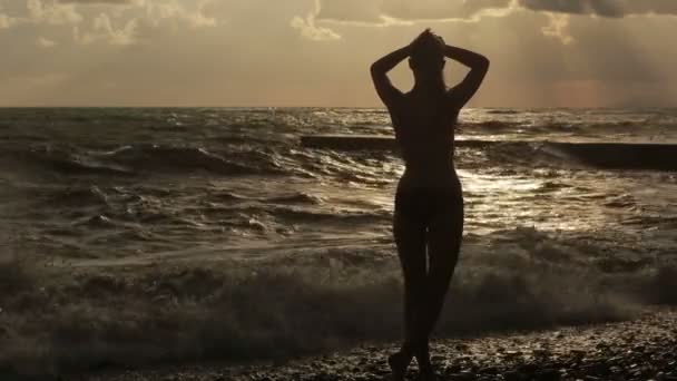 Chica se para cerca del mar. olas grandes. silueta figuras — Vídeos de Stock