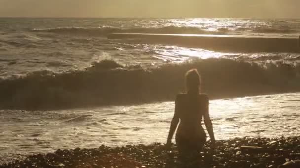 Chica sentada junto al mar. olas grandes. silueta figuras — Vídeos de Stock