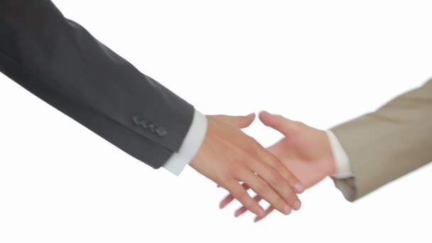 白背景とビジネス握手、二人の男が手を振る — ストック動画