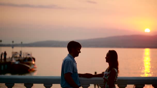 サンセットのロマンチックなカップルのシルエット。海の背景。男と女のキス — ストック動画