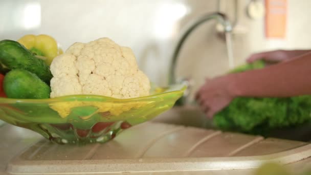 Housewife cleans a green salad in water. woman washing vegetables — Stock Video