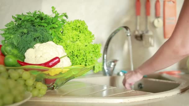 Mani femminili che lavano il peperoncino rosso al lavello della cucina. donna lava le verdure — Video Stock