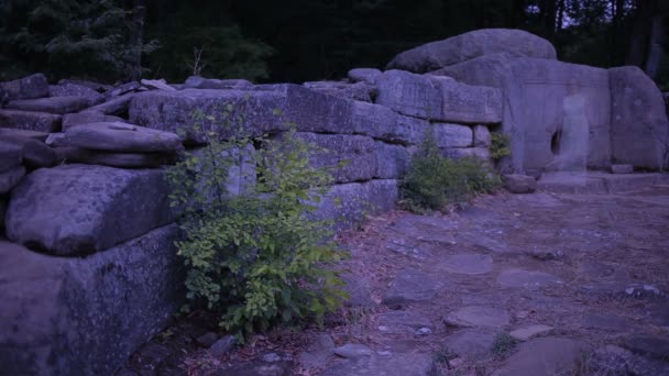支石墓。一个女人在古代墓地上行走的鬼魂 — 图库视频影像