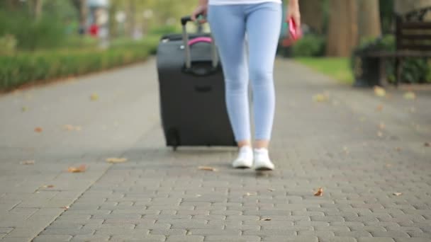 Chica con una maleta caminando por el parque . — Vídeo de stock