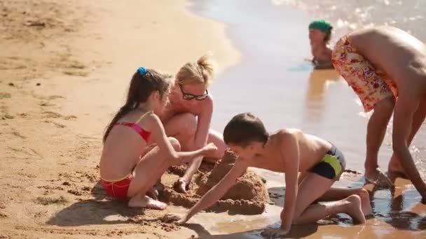 Junge kaukasische Familie wird am Strand gebaut Sandburg — Stockvideo