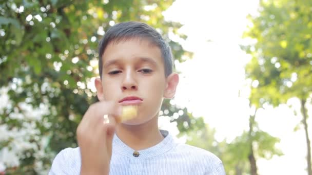 Boy jedl brambůrky na ulici. Dospívající chlapec jíst nezdravé jídlo — Stock video