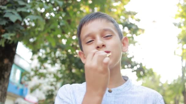 Boy jedl brambůrky na ulici. Dospívající chlapec jíst nezdravé jídlo — Stock video