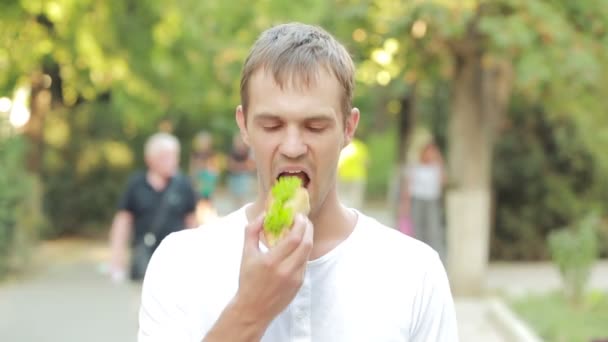 Hombre guapo comiendo un sándwich en la calle — Vídeo de stock