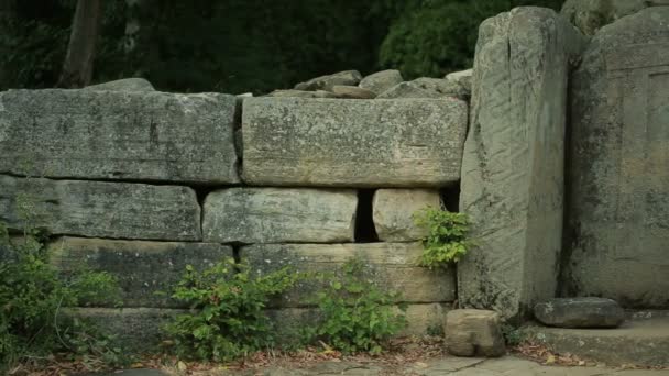 Žena sedí a přemýšlí o kamenné dolmen — Stock video