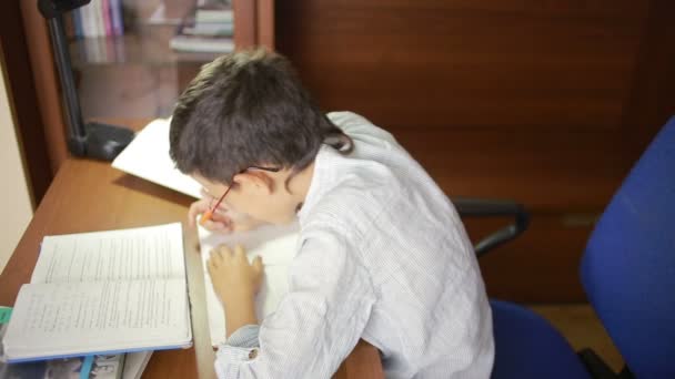 Kind schrijft huiswerk. het kind is het bestuderen van wetenschap — Stockvideo