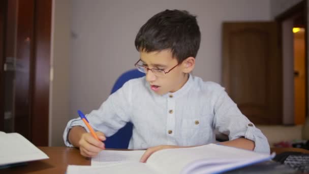 Kind schrijft huiswerk. het kind is het bestuderen van wetenschap — Stockvideo