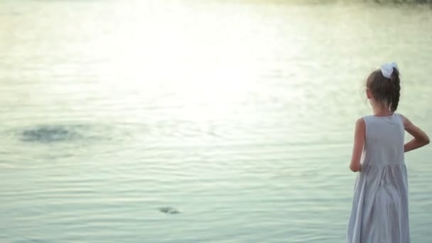 Niña en ropa rosa alimentando a los peces en un estanque de jardín. niño cerca del lago — Vídeos de Stock