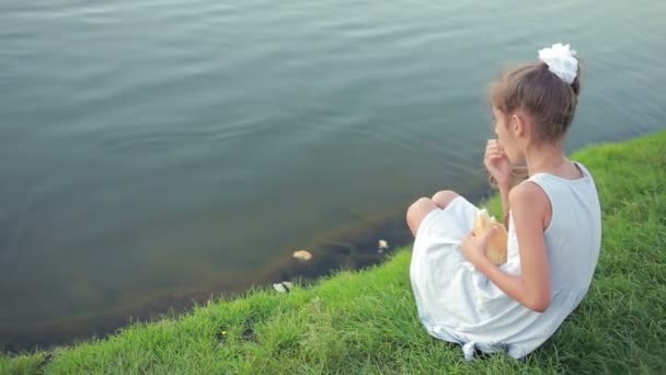 Petite fille en vêtements roses nourrir les poissons dans un étang de jardin. enfant près du lac — Video