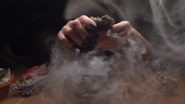 Closeup, detailed. hands of a witch with black nails above a bowl of thick smoke — Stock Video