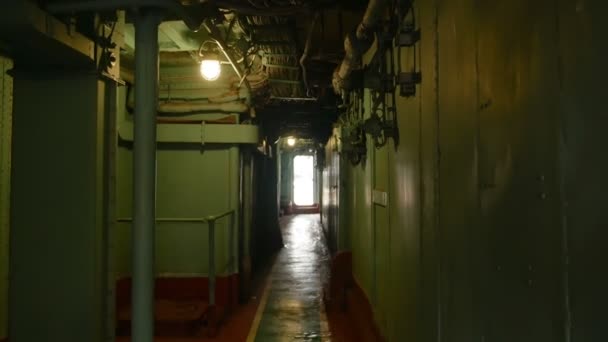 Long empty metal corridor on a warship. copy space — Stock Footage Long empty metal corridor on a warship. copy space Stock Footage