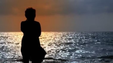 Denizin kenarında kısa elbiseli, rüzgarda çırpınan bir kadının silueti.