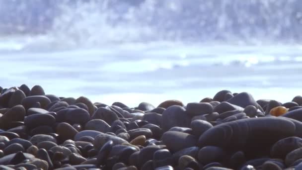 Close up. sea wave with foam on a pebble beach. copy space — Stock Video