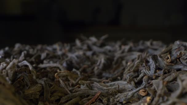 Extremadamente cerca, detallado. fondo de té de hoja negra dispersa — Vídeos de Stock