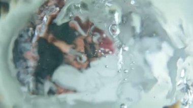 Yakın plan. Suyun altındaki manzara. Adam tuvaletteki suya yemek atıyor.