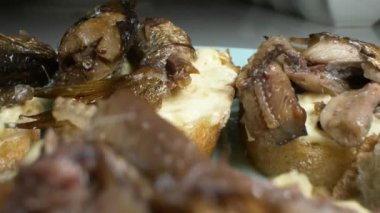 Son derece yakın plan, detaylı. Beyaz ekmek dilimlerinde mayonezli sandviçler.