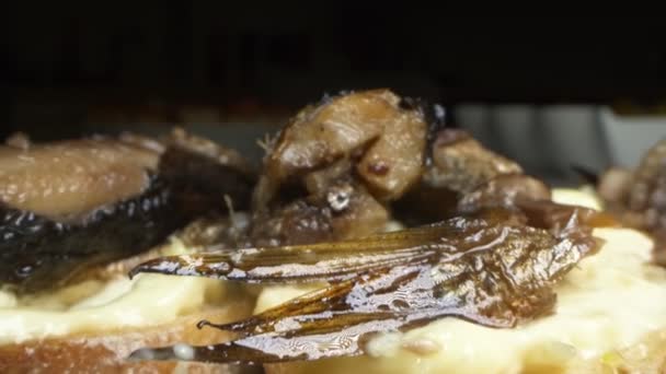 Extrémně detailní, detailní. sendviče se šproty a majonézou na plátcích bílého chleba — Stock video