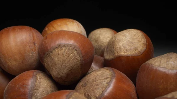 Sangat dekat-up, rinci. banyak hazelnut pada latar belakang gelap. mengubah pencahayaan dari gelap ke terang — Stok Foto