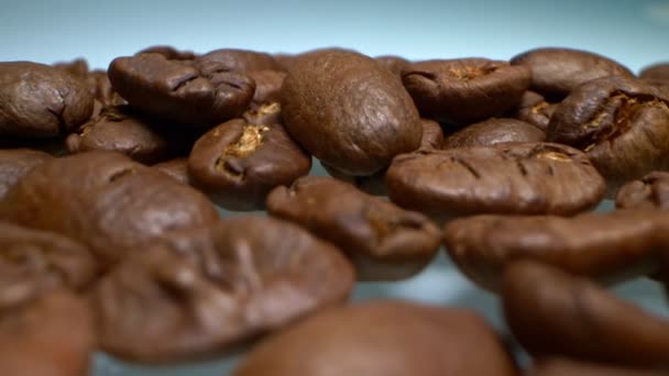 Rendkívül közeli, részletes. pörkölt kávébab kék alapon — Stock videók