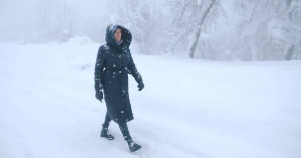 Ceketli bir kadın, kar yığınları arasında ıssız bir yolda yürüyor. — Stok video