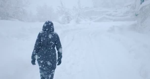 Uma mulher de casaco caminha ao longo de uma estrada deserta coberta de neve através das nevascas — Vídeo de Stock