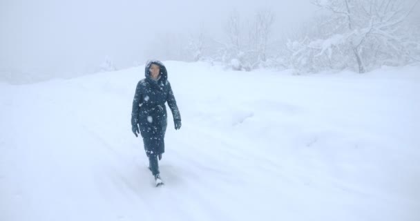 Ceketli bir kadın, kar yığınları arasında ıssız bir yolda yürüyor. — Stok video