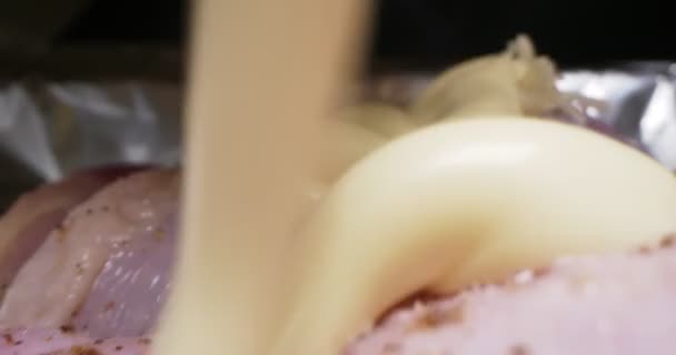 Εξαιρετικά κοντινά, λεπτομερή, ωμά πόδια κοτόπουλου σε ένα πιάτο με μαγιονέζα. μαγείρεμα των τροφίμων — Αρχείο Βίντεο