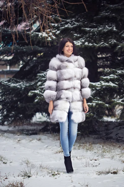 Зимова дівчина в розкішному хутряному пальто — стокове фото