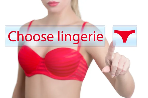 Woman pressing choose lingerie  button — Stock Photo, Image
